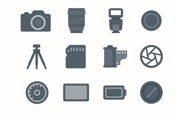 Battery film set vector icon dial shutter aperture button camera lens ring