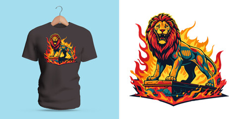 Obraz premium Intense t-shirt vector illustration of a majestic lion standing proudly atop a rocky platform while surrounded by large rising flames, featuring a powerful golden mane, confident forward gaze