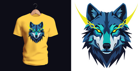 Detailed t-shirt vector illustration of a stylized neon wolf mask featuring sharp angular cheek lines, glowing blue and green highlights, deep shadow transitions, symmetrical face proportions