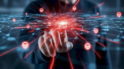 Anonymous hacker hand touching digital network interface with red skull virus icons executing cyber attack and dangerous malware infection risk in dark data security technology breach. - Powered by Adobe