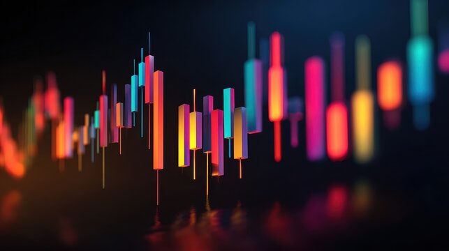 Financial chart, floating neon candlesticks over dark gradient, 3D illustration. 