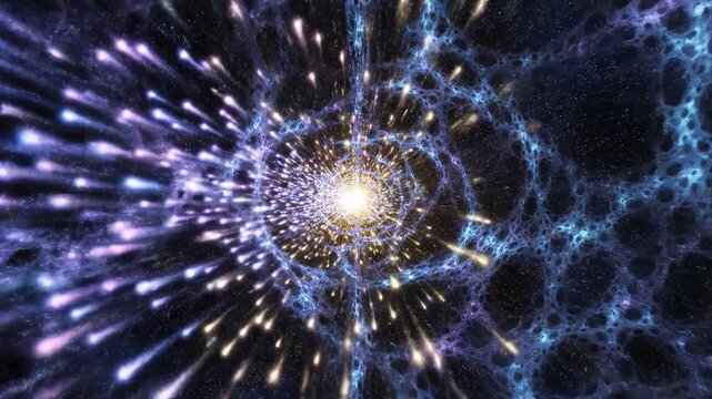 Hypnotic abstract visualizer of energetic quantum particles flowing rhythmically through a dark fractal network creating a complex data stream futuristic, wave, deep