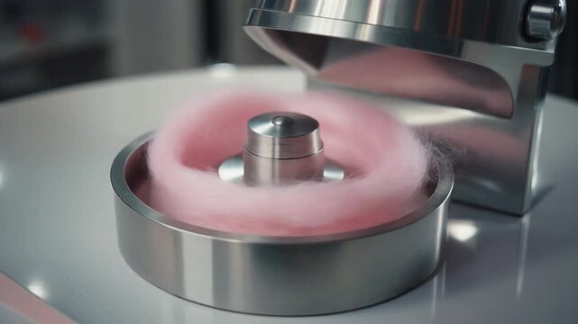 A close-up shot of a stainless steel cotton candy machine spinning pink sugar floss, creating a sweet treat.