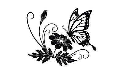 Elegant Butterfly and Flower Floral Ornament Black Silhouette Vector Isolated and black and white flower