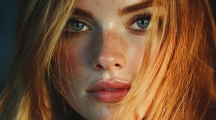 A young individual looks directly at the viewer showcasing red hair and blue eyes. The light highlights the facial details. The setting suggests a daytime environment.