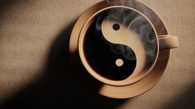 Top view of a coffee cup with a yin yang symbol formed by black and milk coffee, with rising steam and dramatic lighting on textured background. Conceptual zen balance. 4K video