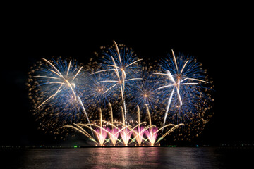 Many flashing colorful fireworks in event amazing with black background celebrate New Year, holiday and festival in night.