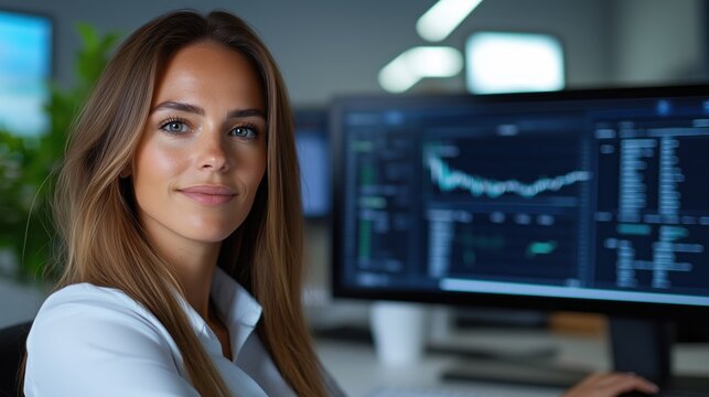Confident female data analyst working at a modern office desk, reviewing financial charts on large monitor. Professional business environment, finance analytics, corporate workflow