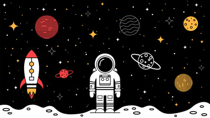Astronaut on the lunar surface against a backdrop of beautiful space, planets, rockets, and stars. Vector illustration of a space background.