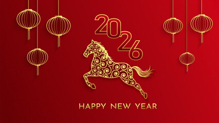Red background design with golden horse for Chinese New Year 2026 celebration. Chinese New Year 2026 design with golden horse, lanterns and golden lettering "2026". Vector illustration.