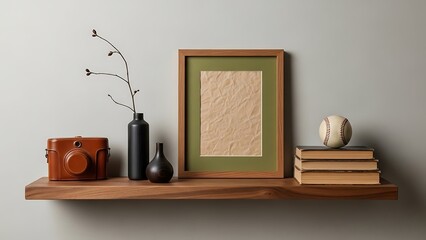 Minimalist wooden shelf with picture frame and vintage decor.