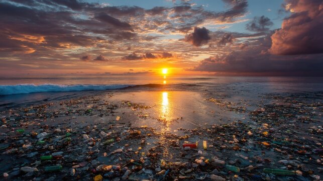 Trash and debris cover the shoreline as the sun sets over the water. The sky is filled with clouds and waves gently crash on the beach while sunlight reflects on the surface. - Powered by Adobe