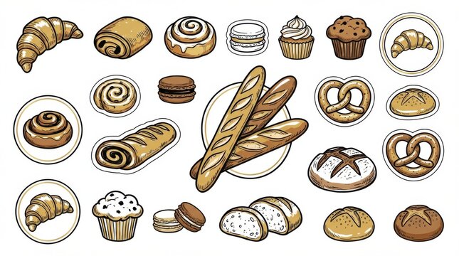 clean bakery pastries and breads doodles doodle set ready for logos labels and stickers isolated on white background