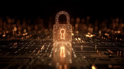 cybersecurity concept featuring a glowing cyber padlock surrounded by binary code and digital circuit elements. Big data visualization on a dark technology background
- Powered by Adobe