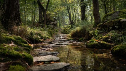 People walk on a stony path beside a clear stream in a forest. The ground is covered with green moss and fallen leaves. Sunlight filters through the trees.