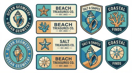 geometric seashells and beach treasures label and badge set suitable for print-on-demand products and merch isolated on white background