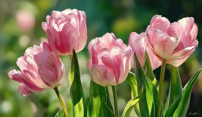 Fototapeta premium A cluster of soft pink tulips glows in warm sunlight, set against a blurry green backdrop