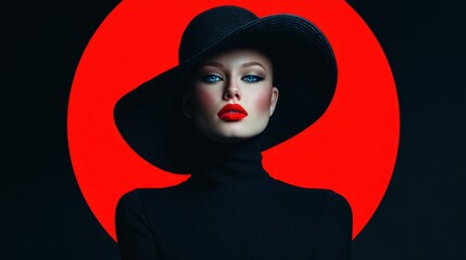 A model stands still wearing a black outfit and wide brim hat. Her bold makeup contrasts with the red background. The scene captures her striking presence during a photoshoot.