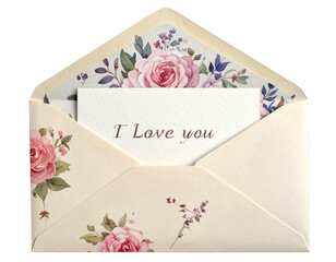  Vintage Floral Envelope With “I Love You” Card Partially Revealed, Romantic Stationery Design, Isolated on Transparent Background