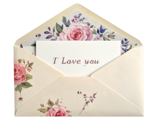  Vintage Floral Envelope With “I Love You” Card Partially Revealed, Romantic Stationery Design, Isolated on Transparent Background