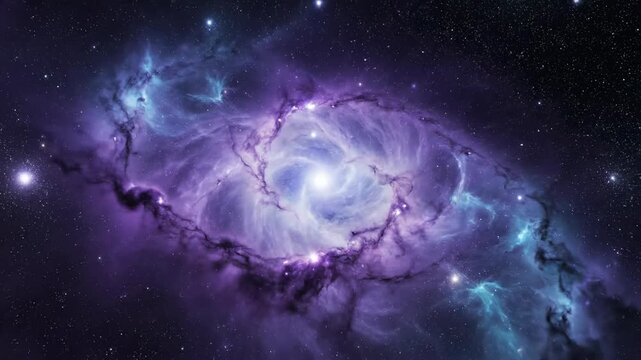 Hypnotic slow motion spiral of deep purple and cyan cosmic dust clouds expanding across the vast infinite void dynamic, cinematic, fantasy