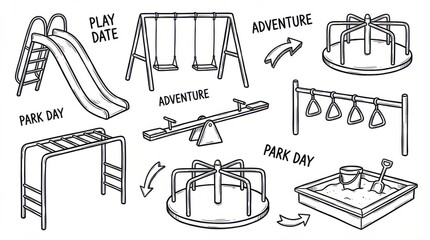 hand-drawn playground toys and equipment outline elements set created for planners scrapbooking and journaling isolated on white background