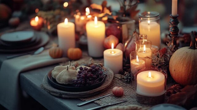 Autumn themed Thanksgiving table with pumpkin centerpiece and lit candles creating a warm, inviting atmosphere.