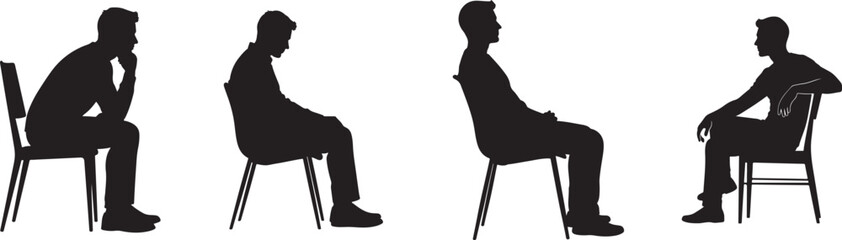 silhouettes of people sitting in chairs facing different directions in a minimalist style