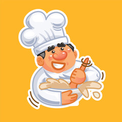 Hand-Drawn Cartoon Chef Character Mixing Dough – Cute Bakery Illustration