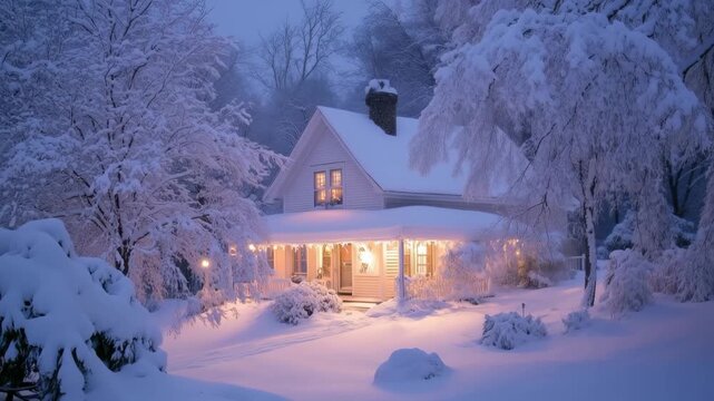 Cozy cottage in a snowy winter landscape with warm lights.