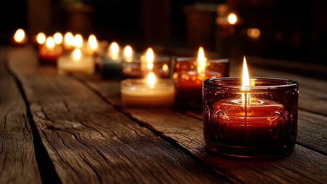 Candles glow warmly on wooden surface