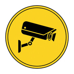 Bold black security camera icon within a bright yellow circle, representing essential surveillance, property protection, and advanced monitoring technology for enhanced safety and security