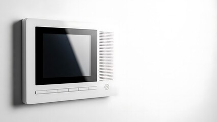 Modern intercom system mounted on a white wall for security.