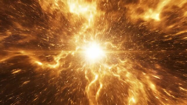 Intense golden cosmic energy flows and expands outward from a central brilliant core, radiating vibrant yellow and orange light plasma, science, cosmic