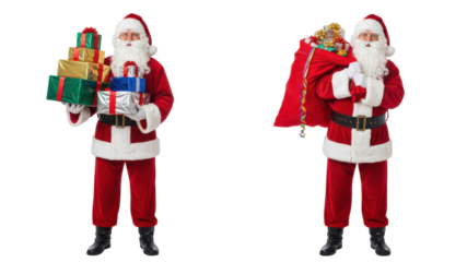 Full body Santa Claus holding Christmas gifts and another Santa with a red sack of presents, isolated on white.