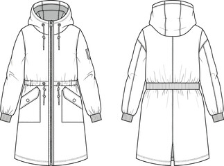 Long parka coat sketch, fashion technical drawing, hooded outerwear template, front back view, garment design sheet, winter apparel illustration, AW23 season, vector outline © MONIRUZZAMAN