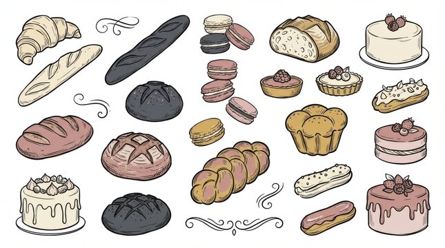 elegant bakery pastries and breads doodles clipart set perfect for posters social media graphics and web use isolated on white background