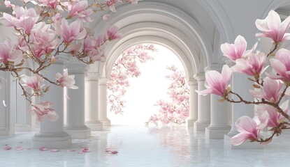 Bright hallway with white arches, lined with columns and magnolia blooms, marble floor and sunny open end