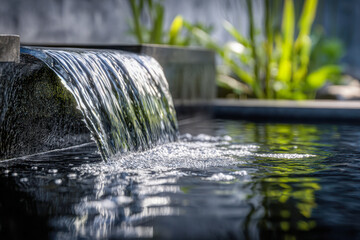 Serene cascade of clear water flowing from a stone ledge into a calm garden pond with lush green foliage softly blurred in the background during daylight