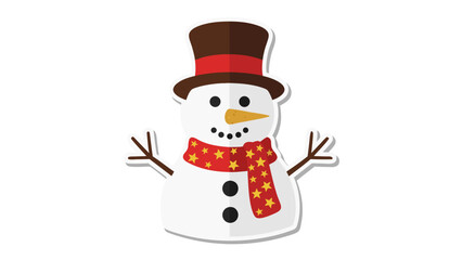 Cute Snowman Character Wearing Brown Top Hat Red Scarf With Gold Stars And Carrot Nose On Black Background With Stick Arms