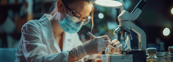 Scientific Precision: A dedicated scientist meticulously examines a sample under a microscope in a well-equipped laboratory.