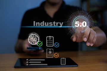 Naklejka premium Industry 5.0 concept with AI and automation, including technology icons including artificial intelligence, artificial intelligence, manufacturing innovation, industrial infographics.