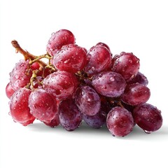 Plump red grapes cluster, glistening with fresh droplets against a white backdrop, casting a soft shadow