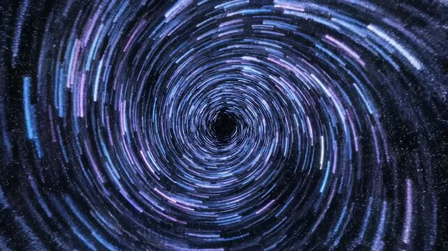 Long exposure shot of brilliant blue and purple star trails swirling dynamically across a deep black void simulating outer space deep black void, seamless loop, galaxy motion