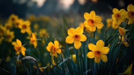 Obraz premium Bright yellow flowers grow in a field during the late afternoon. The sun casts a soft light highlighting the green grass around the flowers. This scene shows the beauty of spring.