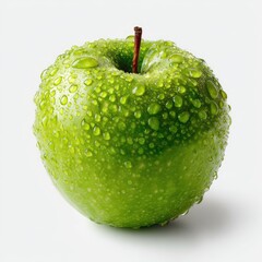 Dew-kissed granny smith apple with vibrant green skin resting against a plain white background, casting soft shadow