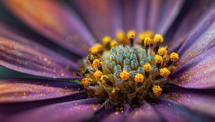 Close-up of a purple daisy-like flower with a fuzzy blue center and scattered yellow pollen dust