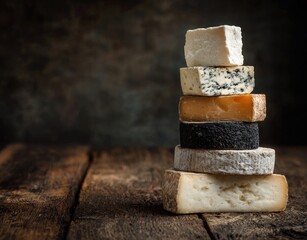 Stacked varied cheeses on rustic wood against a dark backdrop in natural light, a gourmet composition