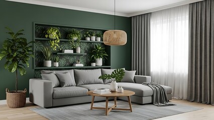 Modern living room interior with a grey sofa against a dark green wall with houseplants.