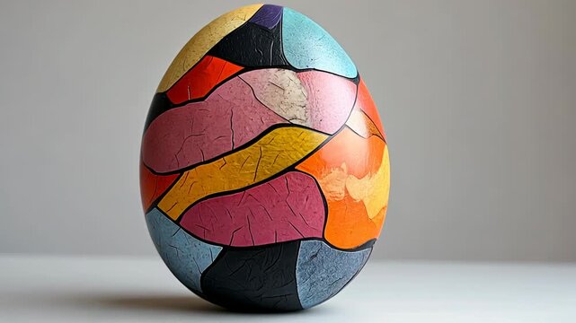 A close-up static shot of a colorful, mosaic-patterned Easter egg with a cracked texture on a white background.